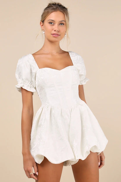Princess Aesthetic Ivory Floral Jacquard Bubble-Hem Romper