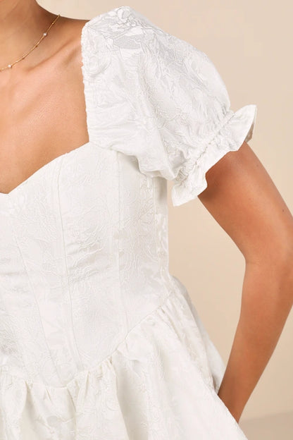 Princess Aesthetic Ivory Floral Jacquard Bubble-Hem Romper