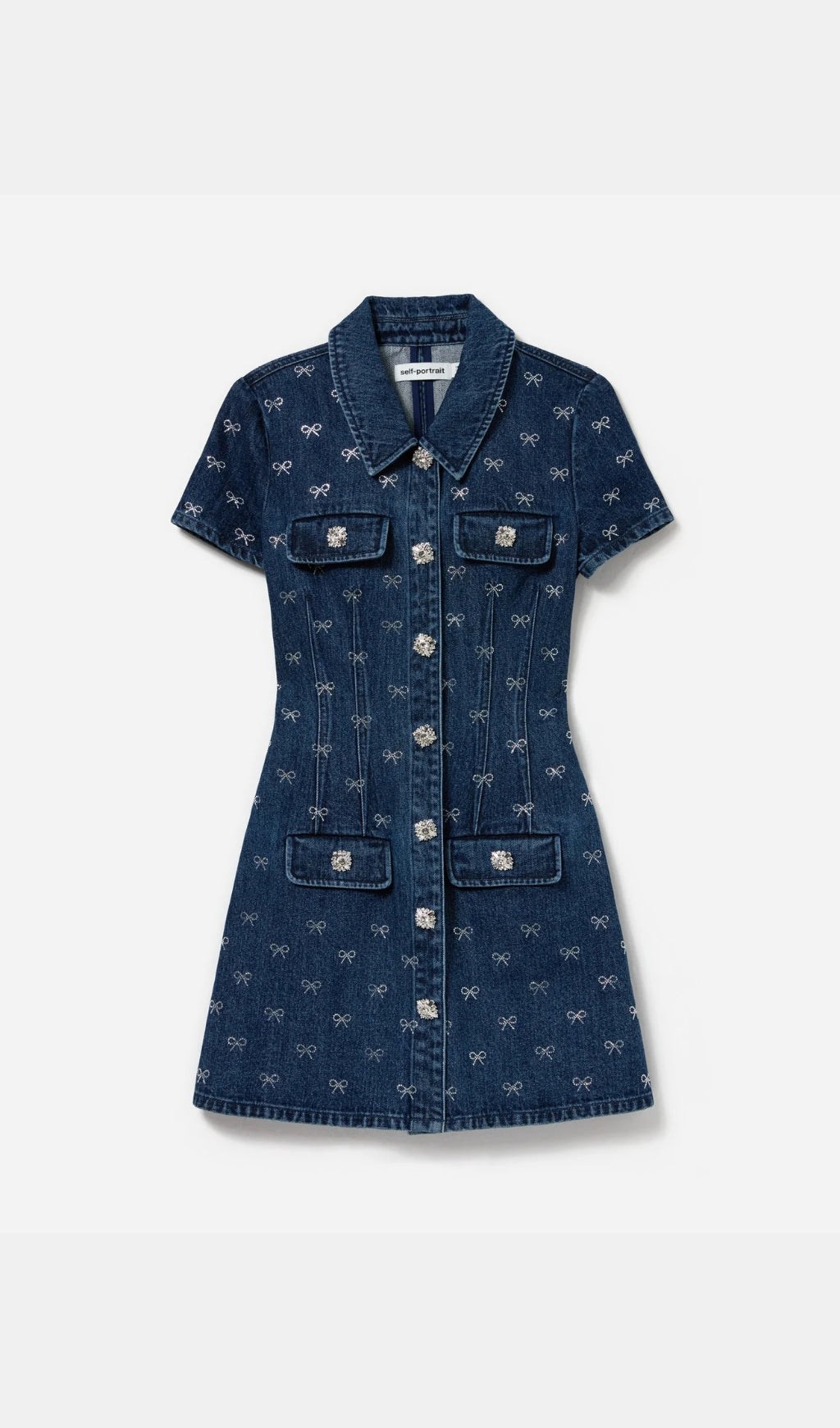 Denim Diamante Bow Collared Mini Dress