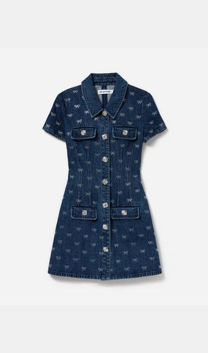 Denim Diamante Bow Collared Mini Dress