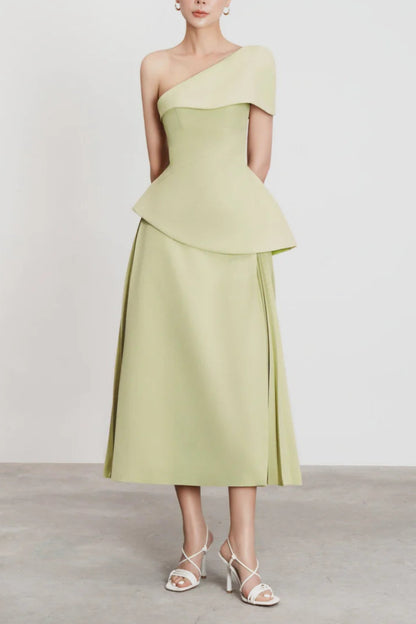 One Shoulder Top Flare Midi Skirt suit in Olive Green