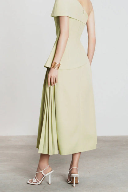 One Shoulder Top Flare Midi Skirt suit in Olive Green