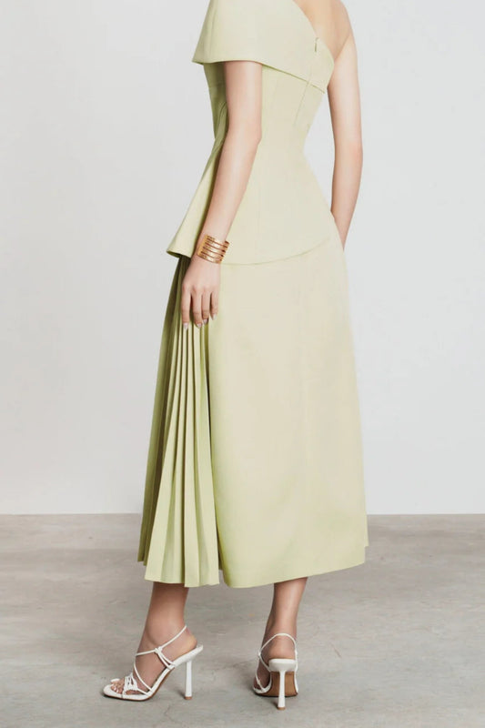 One Shoulder Top Flare Midi Skirt suit in Olive Green