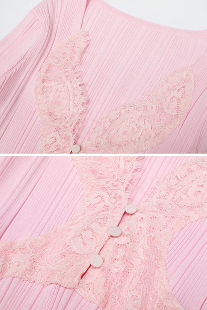 apphia Pink Contrast Lace Knit Midi Dress