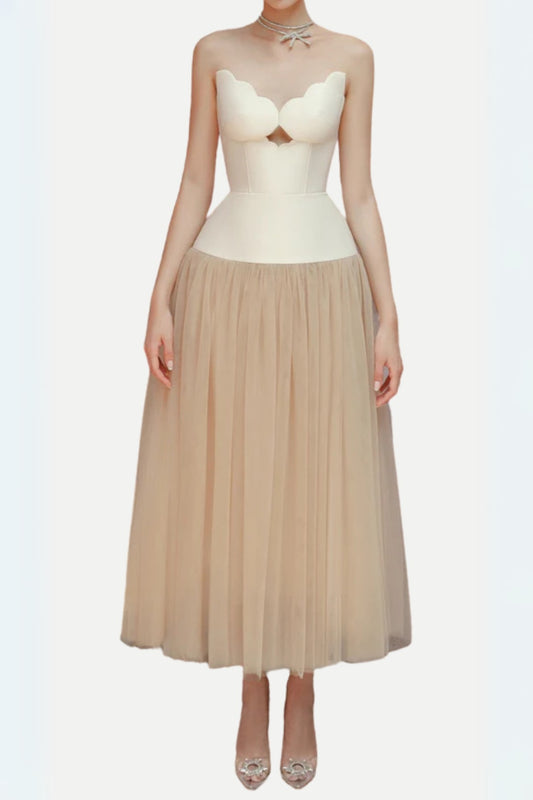 two-tone Hollow tube top tulle midi dress