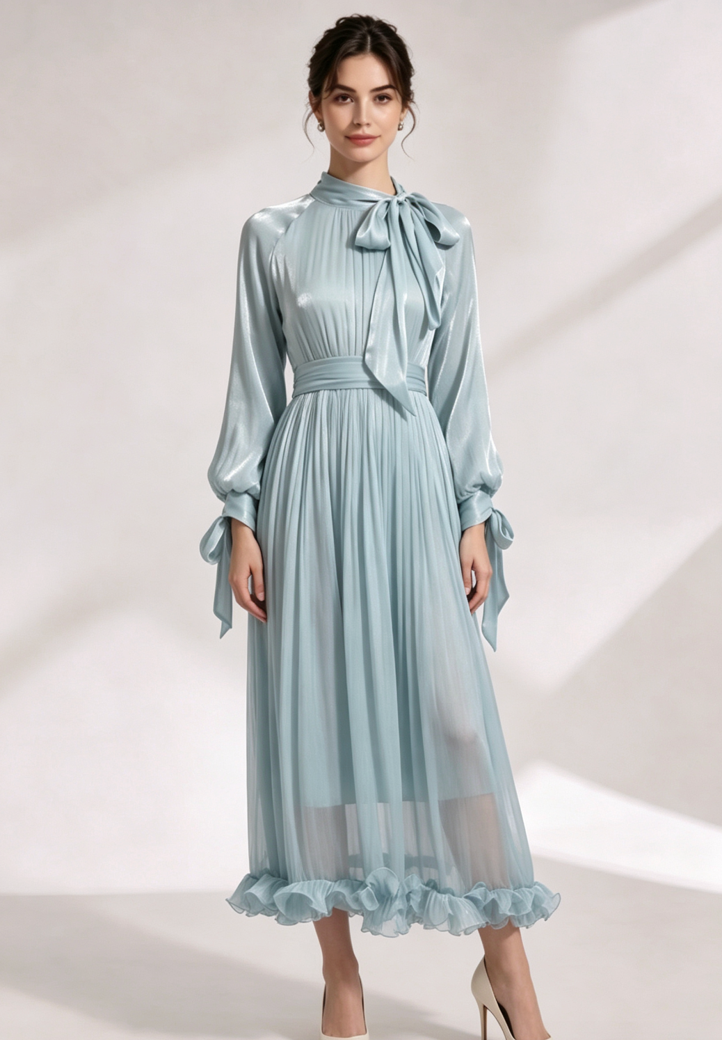 light blue satin a-line dress