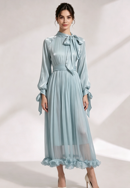 light blue satin a-line dress