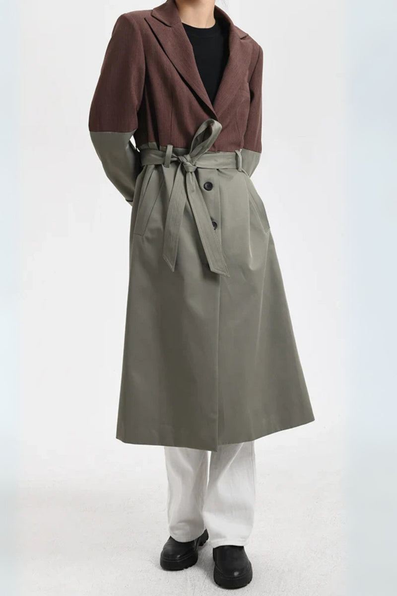 Belted Blazer Trench Coat in Brown Gray