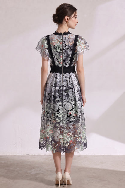 White Embroidered Guipure Lace Fit-and-Flare Midi Dress white, black, grey embroidered guipure lace dress - product view 5