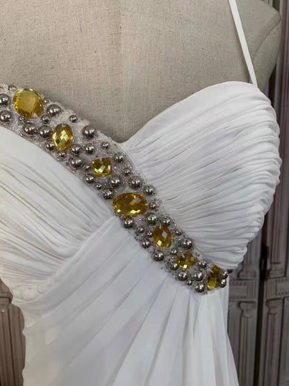White Chiffon Beaded Empire Waist Evening Gown