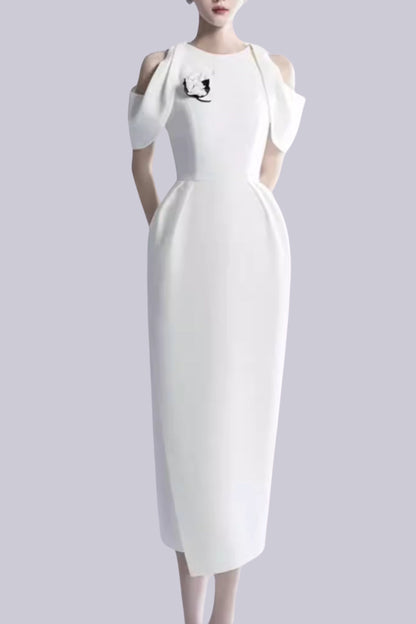 CHAELI WHITE EMBELLISHED MIDI DRESS