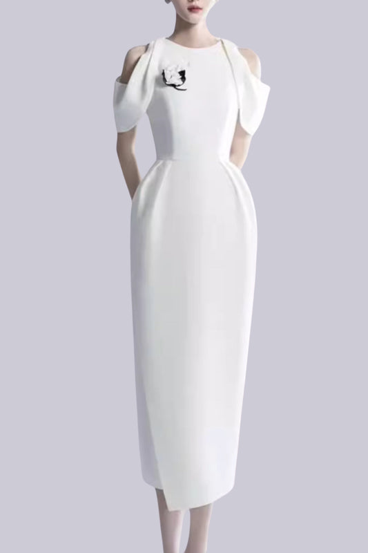 CHAELI WHITE EMBELLISHED MIDI DRESS