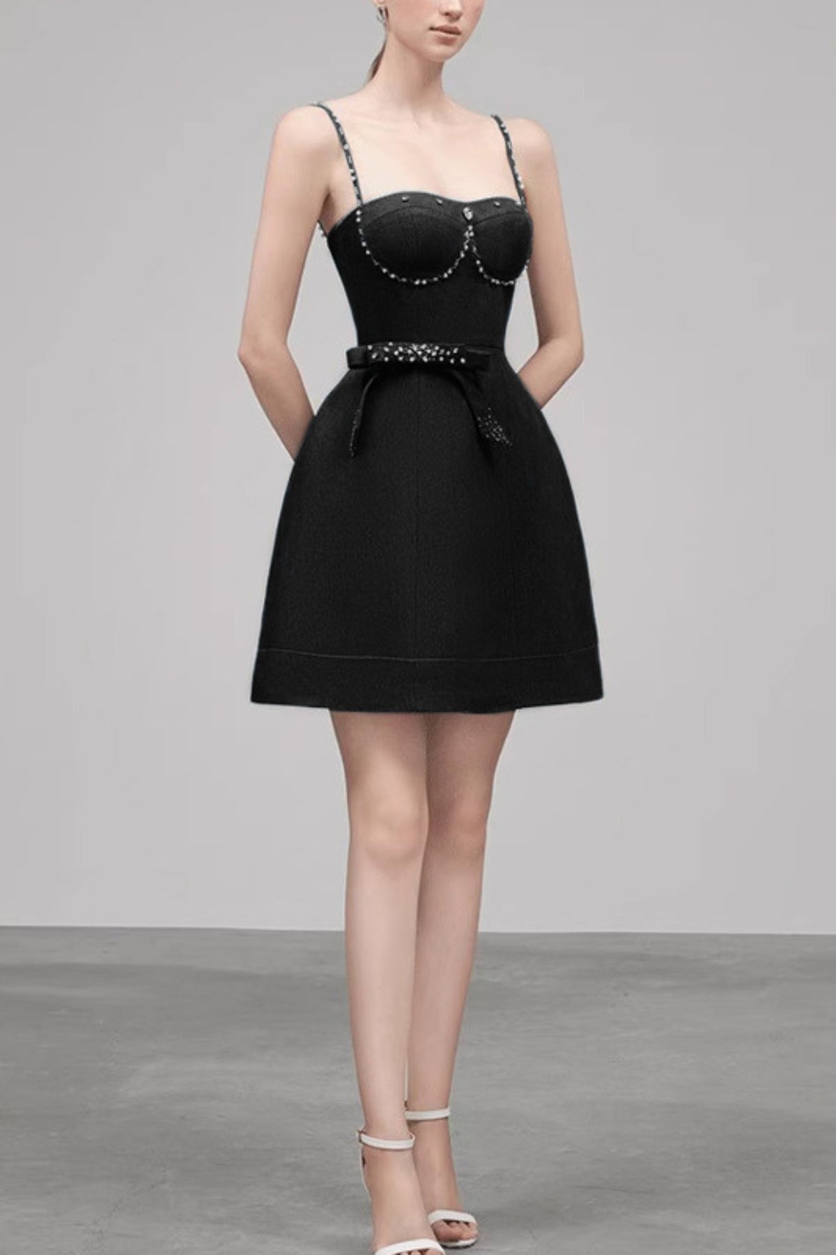 ELMA CRYSTAL EMBELLISHED BOW MINI DRESS IN BLACK