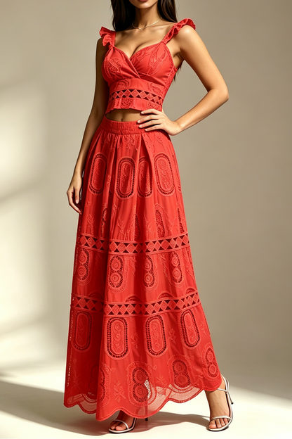 Red Ruffle Spaghetti Strap V Neck Cutout Eyelet Crop Top High Waist Tiered Maxi Skirt 2 Piece Outfit