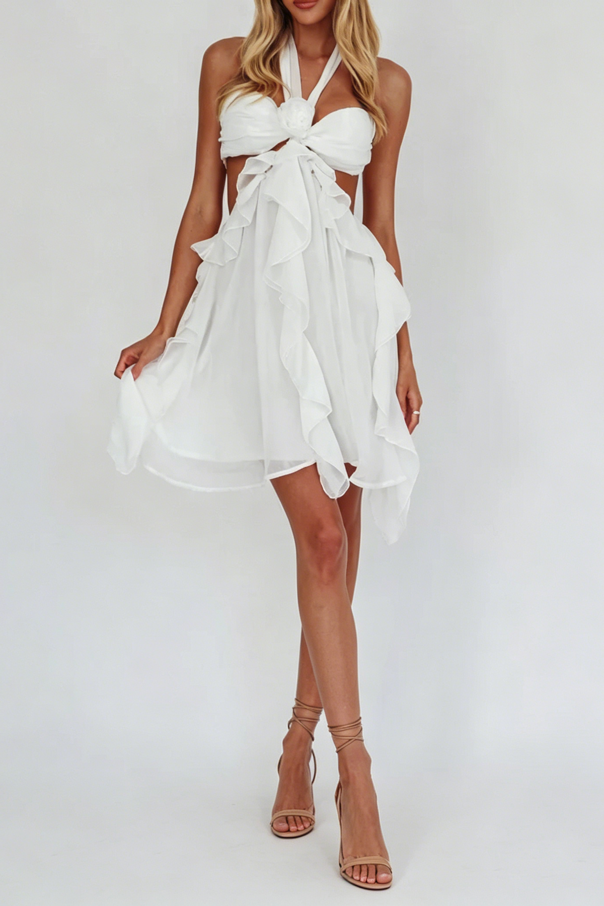 White Halter Ruffled Mini Dress