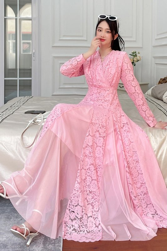 Lace Splicing Long Sleeve Midi Dress