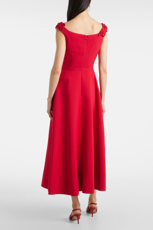 ULA EMBELLISHED FLORAL ROUND NECK MIDI DRESS IN RED