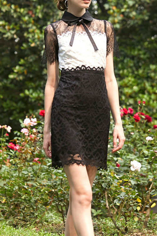 Lace white and black mini dress with bow