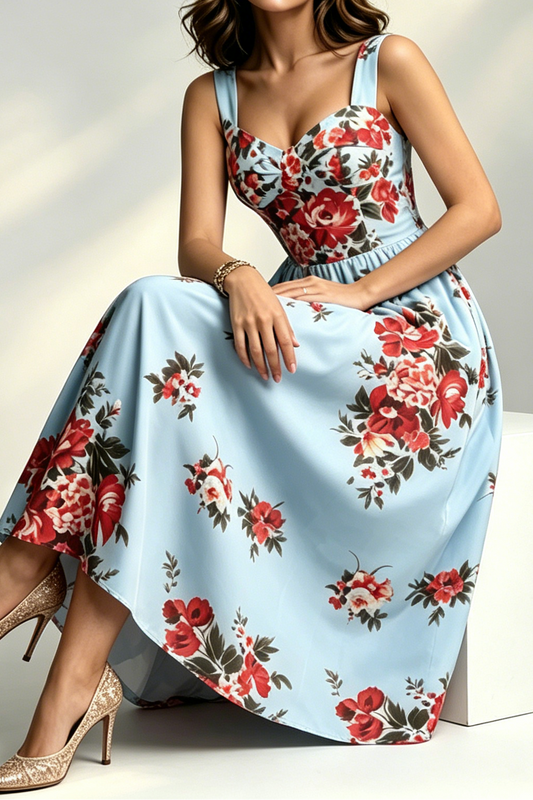 Light Blue Large Red Floral Wide Strap Sweetheart Flowy Midi Dress