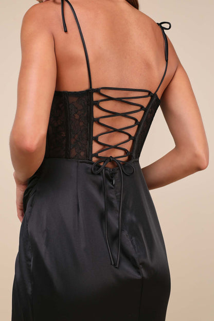 Aura Black Satin Lace Tie-Strap Bustier Maxi Dress