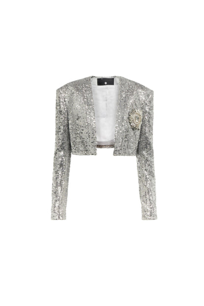 TAMMY CROPPED SEQUINED BLAZER IN SLIVER