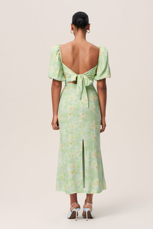 Floral puff sleeve midi dress in green