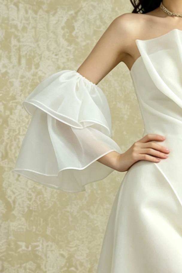 Strapless Layered Organza Midi Dress In White With Bell Cuff Sleeves