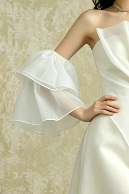 Strapless Layered Organza Midi Dress In White With Bell Cuff Sleeves