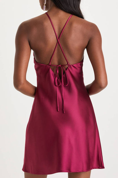 agenta Satin Rosette Halter Neck Mini Dress