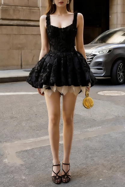 vera sequin embellishment lace puffy mini dress in black