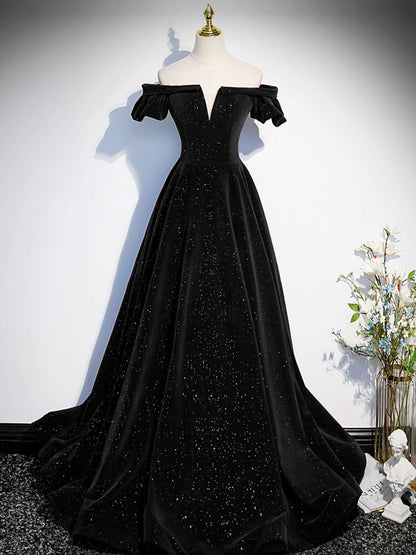 Black A-line Off Shoulder Velvet Dress