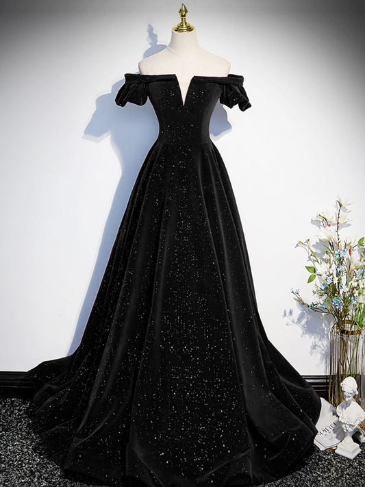 Black A-line Off Shoulder Velvet Dress