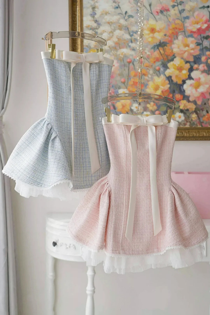 TWEED BOW MINI DRESS IN BLUE