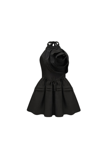 FLORAL APPLIQUÉ HALTER NECK MINI DRESS IN BLACK