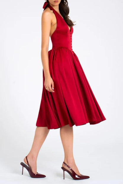 Halter backless midi dress in red