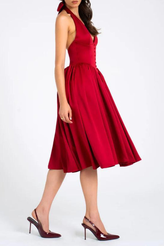 Halter backless midi dress in red