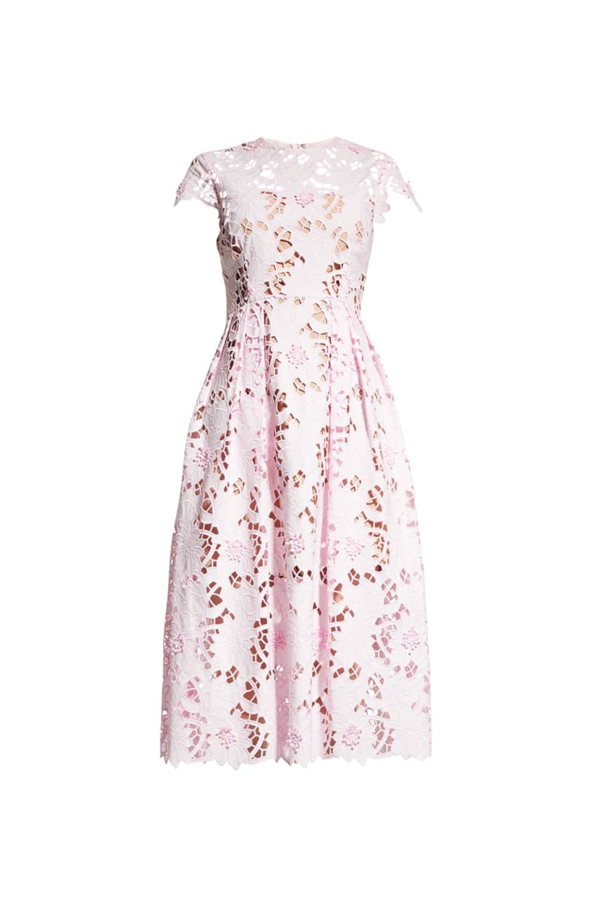 FLORAL LACE EMBROIDERED MIDI DRESS IN PINK