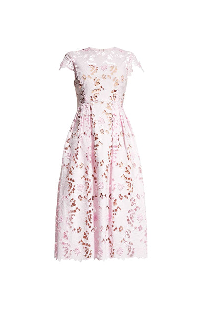 FLORAL LACE EMBROIDERED MIDI DRESS IN PINK