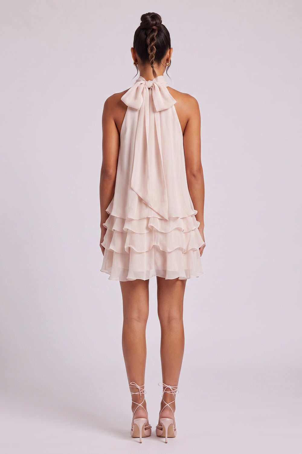 Pale Pink Chiffon Tiered Mini Dress with Halter Neck pale pink, blush pink chiffon dress - product view 5