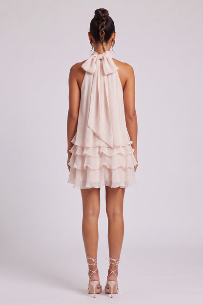 Pale Pink Chiffon Tiered Mini Dress with Halter Neck pale pink, blush pink chiffon dress - product view 5
