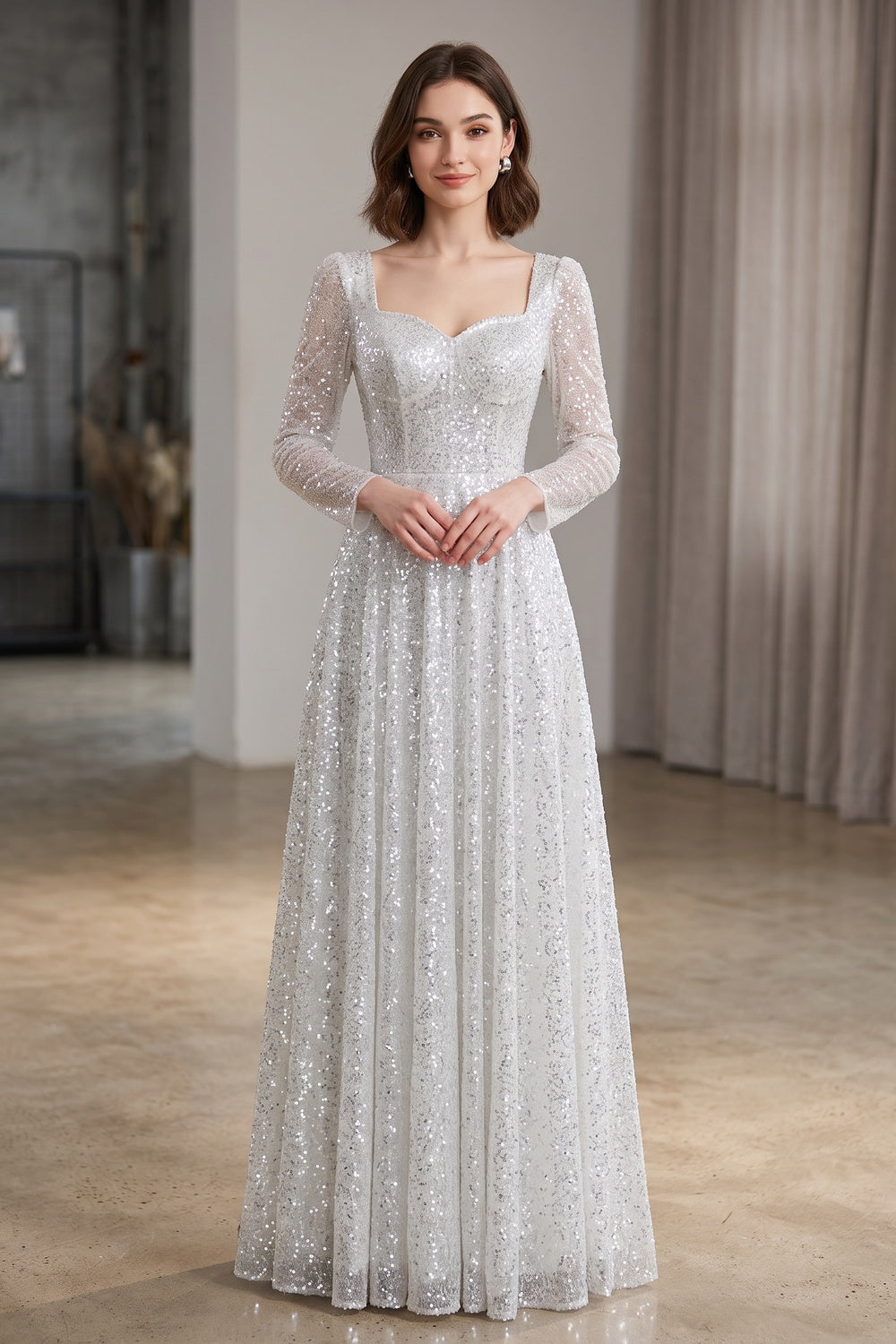Silver Sequined Tulle Overlay A-Line Evening Gown silver, white sequined tulle overlay evening gown - product view 1