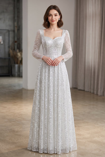 Silver Sequined Tulle Overlay A-Line Evening Gown silver, white sequined tulle overlay evening gown - product view 1
