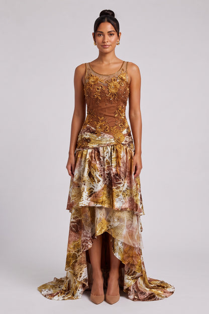 Brown Silk Blend Asymmetric Tiered Gown Dress brown, gold, ochre silk blend dress - product view 1