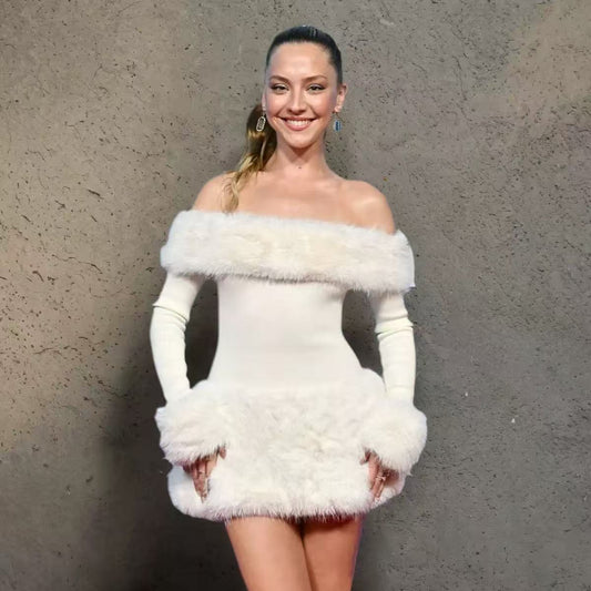 White Strapless faux fur slim mini dress