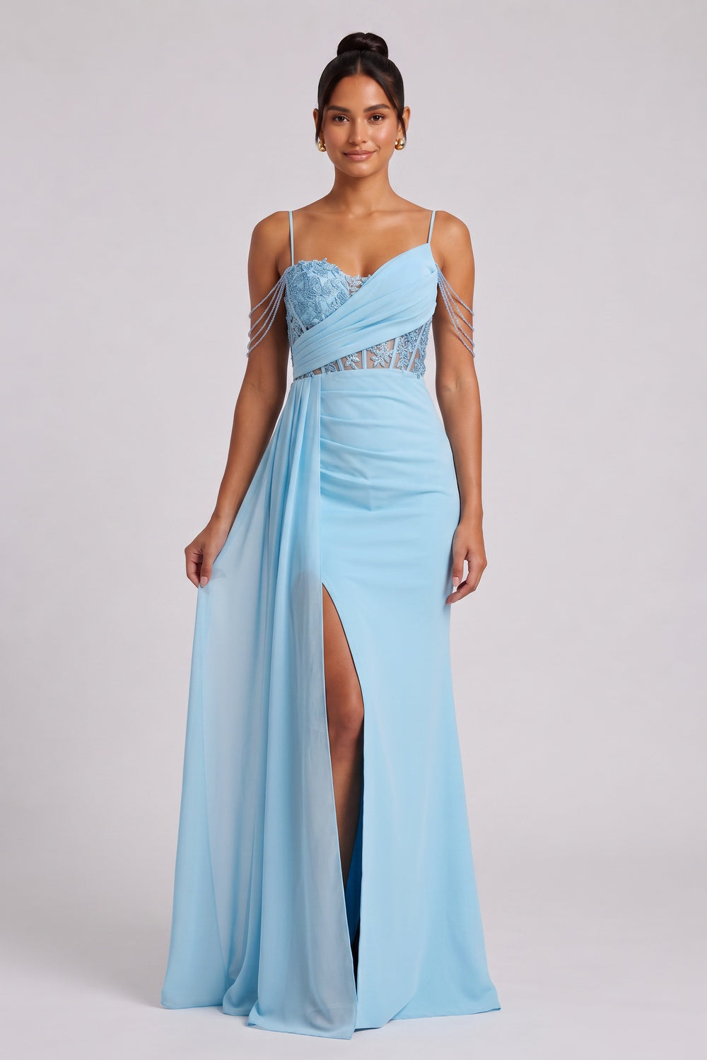 Light Blue Lace Maxi Dress with Cold Shoulder Straps Premium Fabric - product view 1