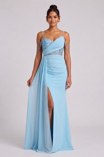 Light Blue Lace Maxi Dress with Cold Shoulder Straps Premium Fabric - product view 1