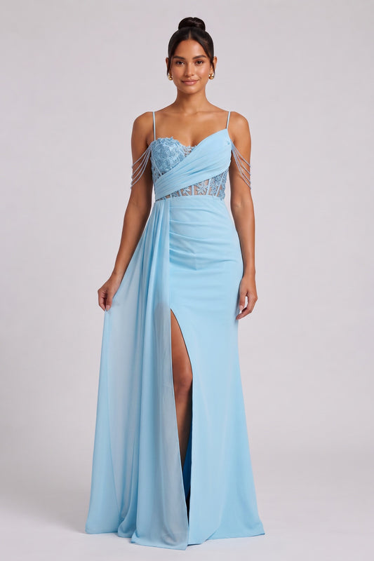 Light Blue Lace Maxi Dress with Cold Shoulder Straps Premium Fabric - product view 1