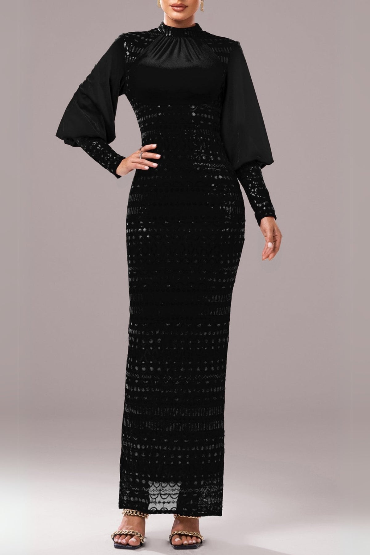 sequin long sleeve maxi dress in black