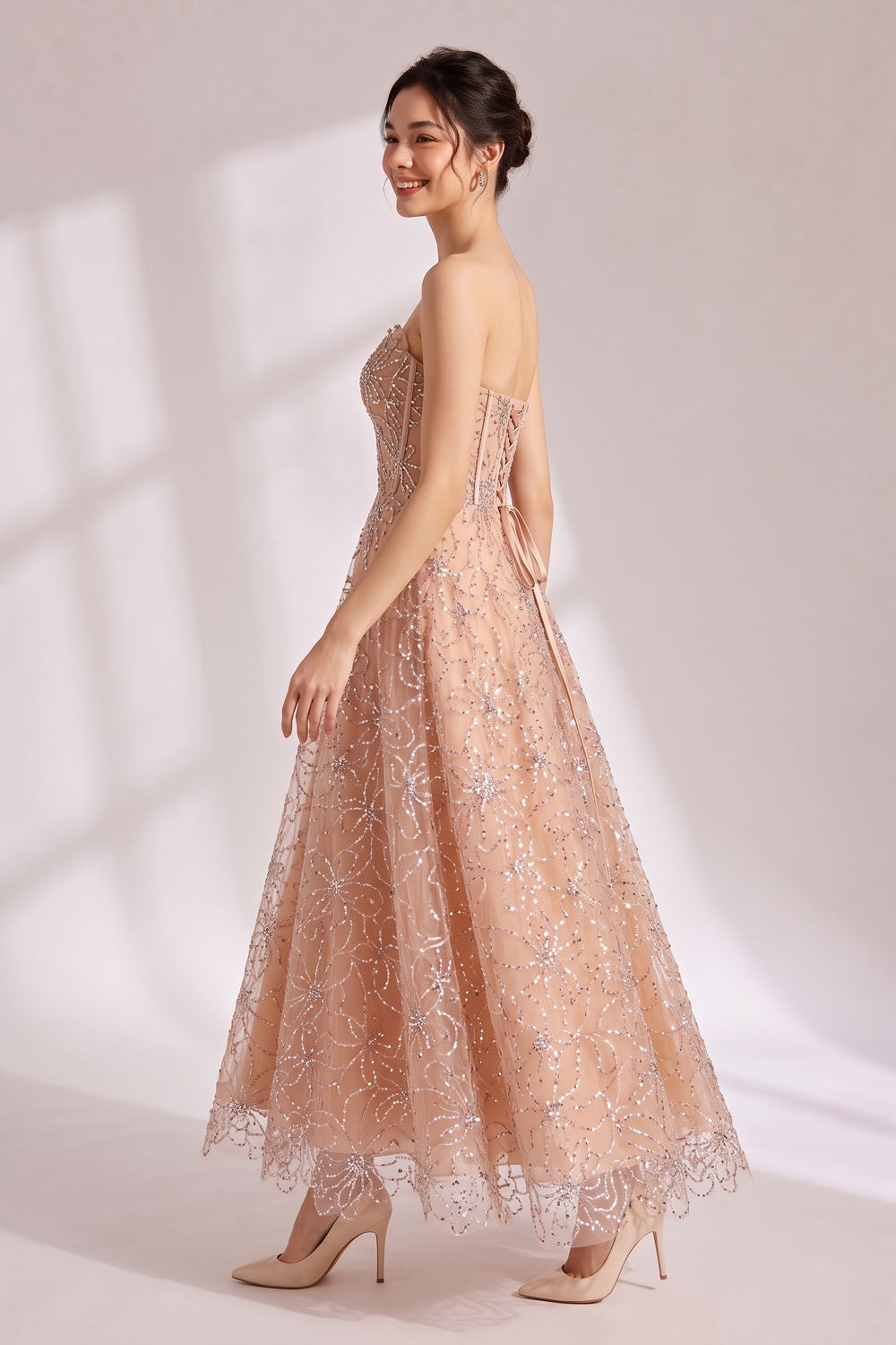Nude Beaded Strapless Maxi Dress Premium Fabric - product view 1
