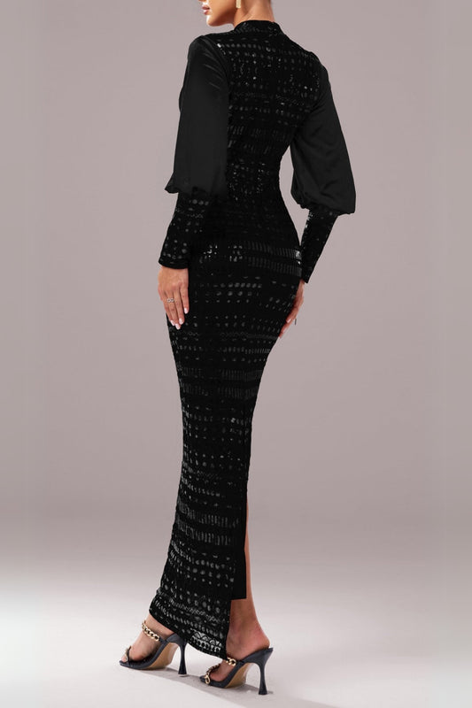 sequin long sleeve maxi dress in black